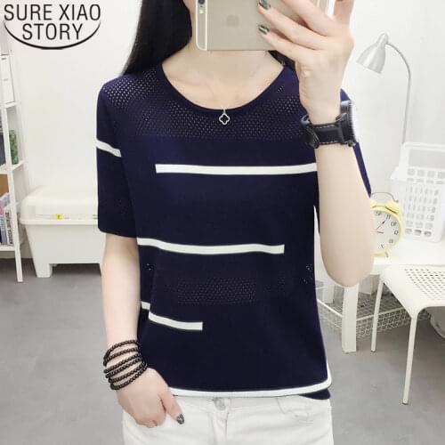 Blusas Mujer De Moda Tops Women Knitted Blouse 2021 Summer Fashion Casual Loose Ladies Short Sleeve Round Collar Shirts 8755 50
