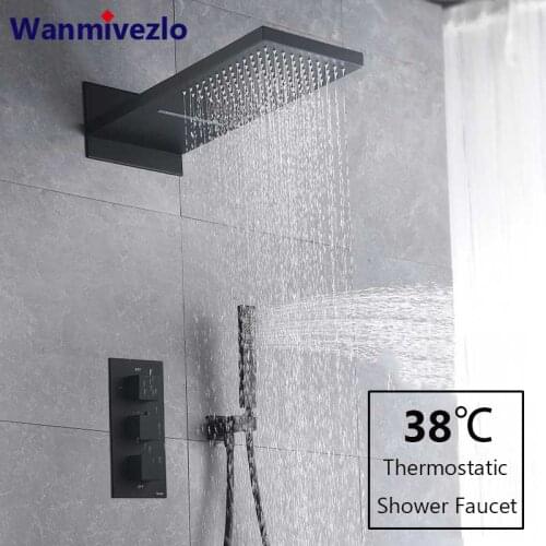 Black Chrome Thermostatic Shower Faucets Set Rain Waterfall Shower Head With 3-way Thermostatic Mixer Tap Bath Shower Faucet