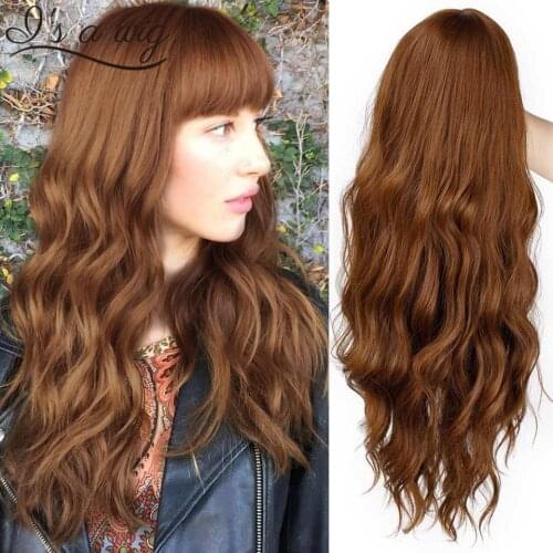 Long Mix Brown Womens Wigs with Bangs Water Wave Synthetic Wigs Heat Resistant Cosplay Pink Red Wigs for Women African American