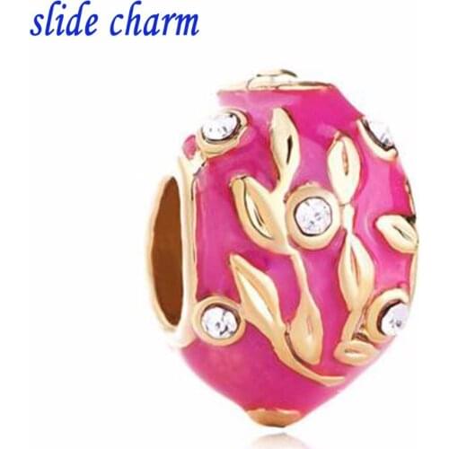 Slide charm Free shipping pink enamel white crystal seaweed egg charm beads fit Pandora bracelet