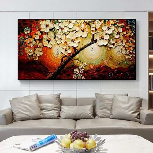 Abstract Colorful White Flower Leaf Tree Canvas Painting Pictures Hand Painted Oil Painting Canvas Wall Art Home Decoration