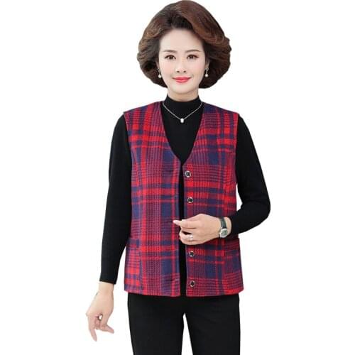 Plaid Waistcoat Middle Age Women Sleeveless Jacket Coat Autumn Casual Loose Mother Tops Spring Plus Size Cardigan Vest