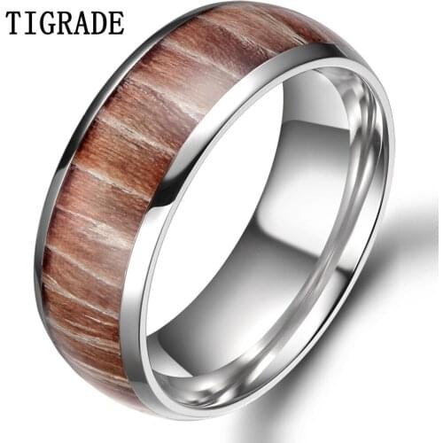 TIGRADE 8mm Wood Inlay Titanium Ring High Polish Man Wedding Band Engagement Wooden Rings For Women bague femme anillos mujer