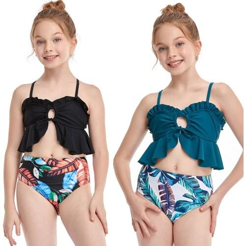 Two Pieces Girls Swimsuits Ruffle Monokini Kids Bathing Suits New Solid Color Camisole Bikini Set Swimwear for Girl Beachwear