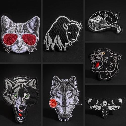 Cartoon black patches wholesale cool cat rose wolf leopard goat punk patches sticker coats hats decoration accessories iron