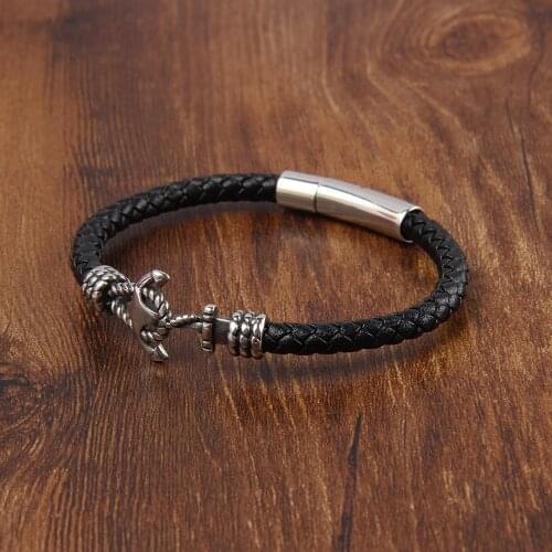 Stainless Steel Anchor Bracelets Genuine Leather Bracelet & Bangles for Men Jewelry Black Color Fashion Gift