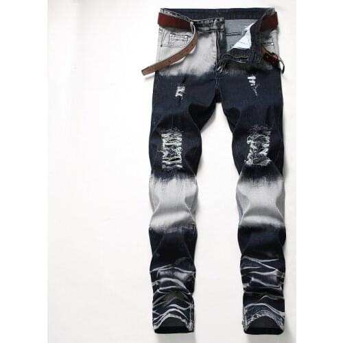 New Fashion Black Ripped Jeans Hole Casual Straight Mens Stretch Large Size Men Jeans Denim Pants