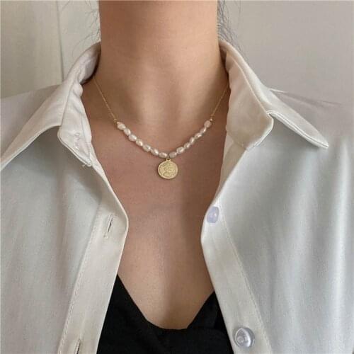 French Vintage Baroque Necklace Irregular Freshwater Pearl Gold Plated Chain Necklaces Portrait Charm for Women Fashion Jewelry