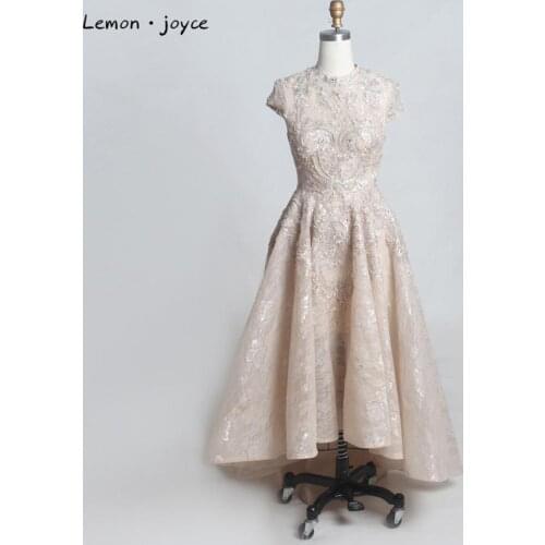 Lemon joyce Champagne Prom Dresses 2020 High Neck Short Sleeves A-line Dubai Party Prom Gowns Evening Dress Plus Size