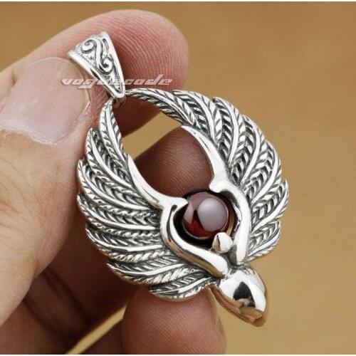 Dark Red CZ Stone Fashion Pendant Solid 925 Sterling Silver Cool Mens Biker Angel Wing Pendant 9L008