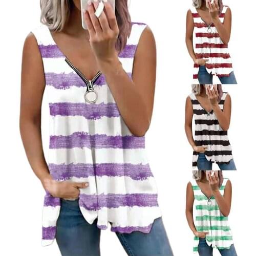 Zipper Striped Print Casual Vest Cool V-neck Sleeveless Loose Top Ladies Clothing футболка женский