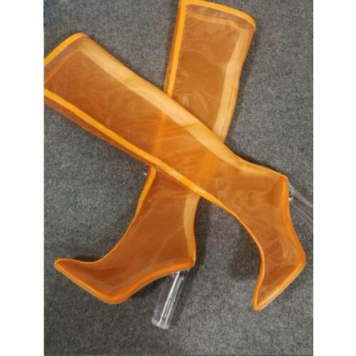 Sexy Women Close Toe Mesh Boots Beautiful Gladiator Thigh Sandals Boots Transparent High Heel Over the Knee Clear Heel Boots