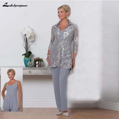 Silver Chiffon Mother Of The Bride Pants Suits With Lace Jacklet Plus Size Evening Gown Mother Wedding Guest Dress