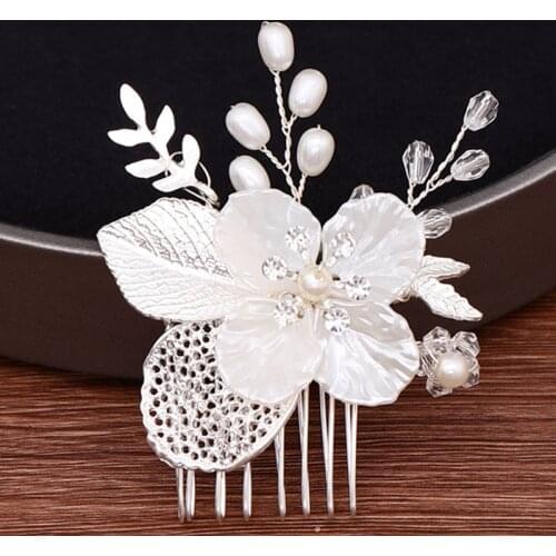 Silver Color Pearl Flower Leaf Bride Hair Comb Head Ornaments Handmade Hair Clips Bridal Tiara Wedding Hair Accessories