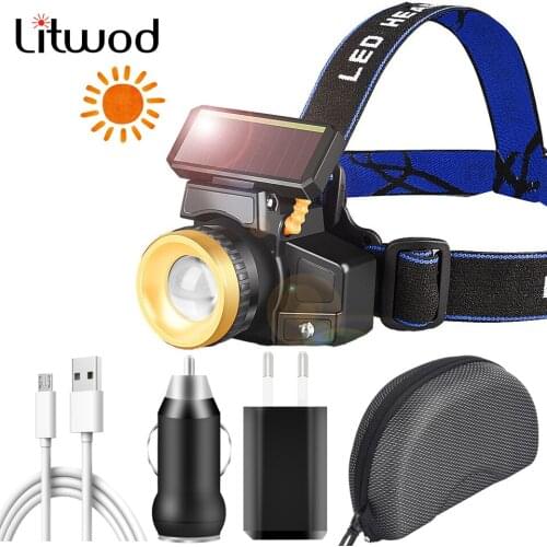 Solar Sensor Led Headlamp Usb Rechargeable Built-in 18650 Battery Headlight Zoom Waterproof XM-L T6 Head Flashlight Torch Light