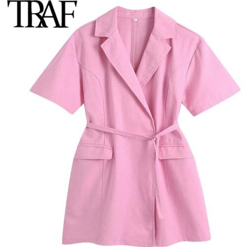 TRAF Women Fashion With Belt Double Breasted Linen Mini Dress Vintage Short Sleeve Flap Pockets Female Dresses Mujer