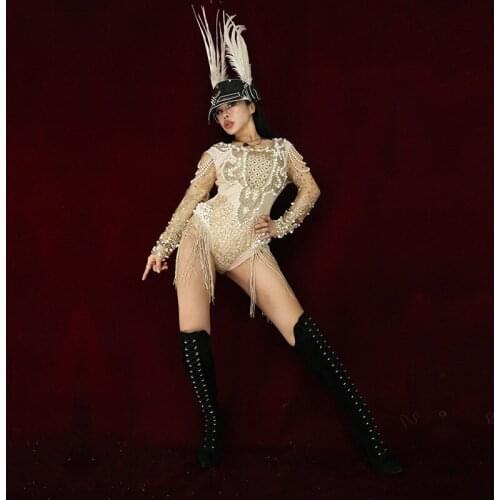 X83 Singer performance stage dress women wears dj gold bodysuit Rhinestone pearl jumpsuit pole dance dress clothes disco party