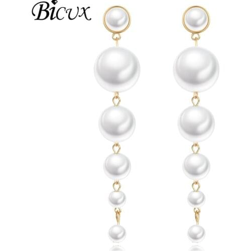 BICUX Korean Imitation Pearl Long Drop Earrings for Women Fashion Statement Charm White Round Dangle Femme Earring 2019 Jewelry