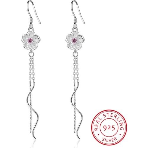 New Fashion Cherry Blossom Flower Wave Tassel Earrings For Women Girl Gift 925 Sterling Silver Earrings brincos S-E669