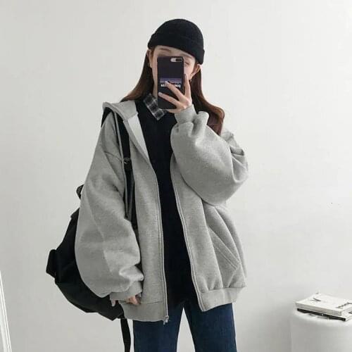 Zip-up Women Korean Style hoodies Vintage Solid Color Long Sleeve Oversized Hooded Sweatshirt Lady Women Casual Large Coats