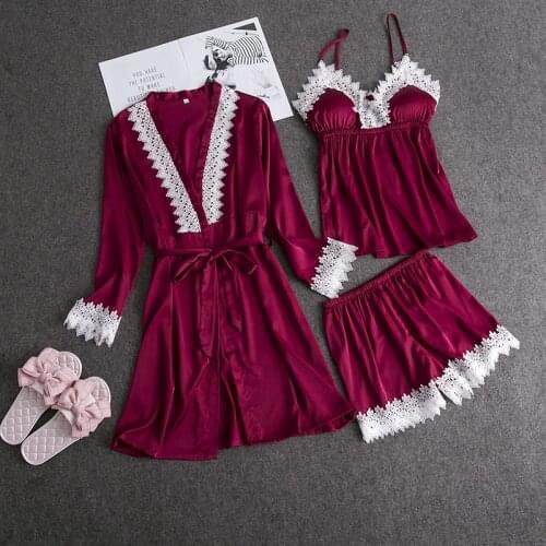 Ladies Sexy Silk Satin Robe Pajama Set Lace Bathrobe+Top+Shorts 3 Pieces Summer Spring Sleepwear Nightwear Set For Women