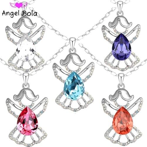 Luxury Fashion 925 Silver Austrian Crystal Angel Wing Pendant Necklace Ladies Charm Jewelry Wholesale