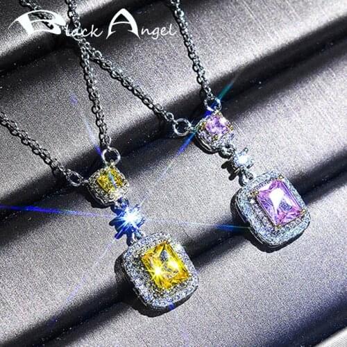 BLACK ANGEL 2020 New 925 Sterling Silver Shiny Created Citrine Pink Gemstone CZ Pendant Necklace For Women Wedding Jewelry Gift
