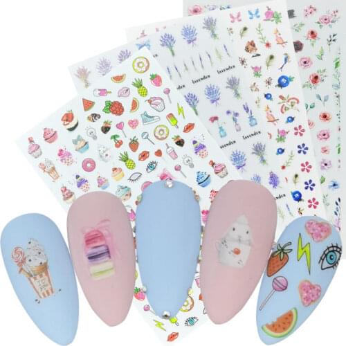 1 Sheet Ultra Thin Gummed Nails Decal Dessert Cake Fruit Lollipop Image 3D Nail Art Decorations Sticker Decals