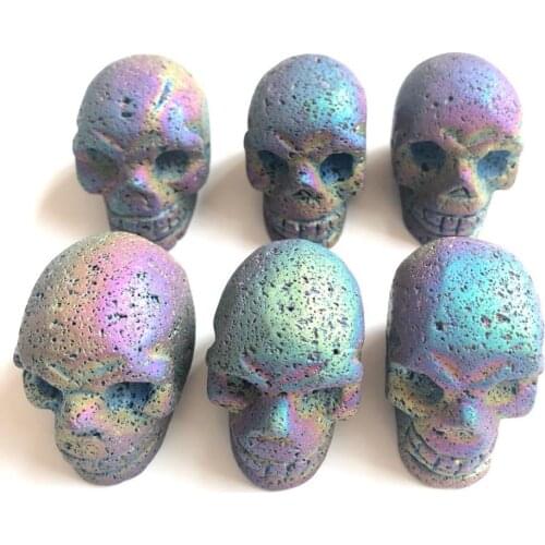 1pcs titanium rainbow aura quartz Volcanic Ash skull crystal hand Carved healing