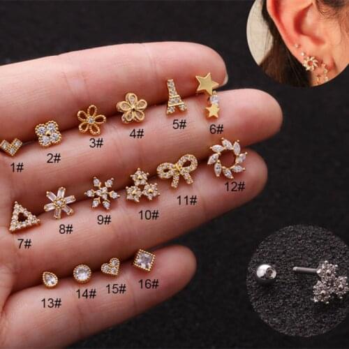 16 Styles Triangle Heart Flower Tower Cz Ear Studs Helix Piercing Cartilage Earring Conch Rook Tragus Stud Ear Piercing Jewelry