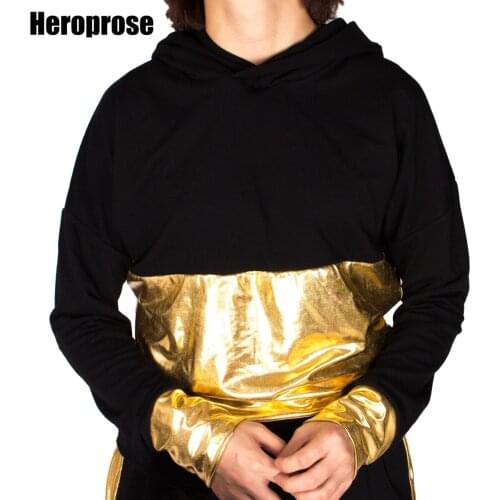 Spring Autumn Women Black Gold Patchwork HipHop Outwear with Hooded Jazz Dance Costumes Stage Female Singer Hoodies