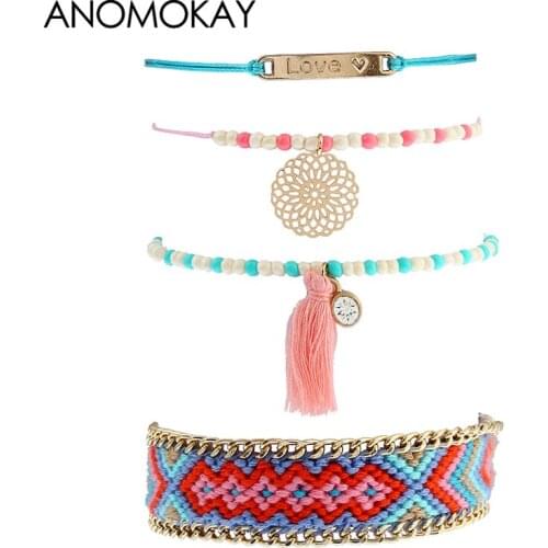 Ethnic Handwork Woven Cotton Wrap Bracelet Gold Flower Love Rope Chain Friendship Bracelets for Women Men Dropshipping Bracelet