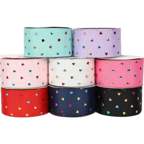 HSDRIBBON 75MM 3inch Listones Love Heart Metal Foil on Grosgrain Ribbon