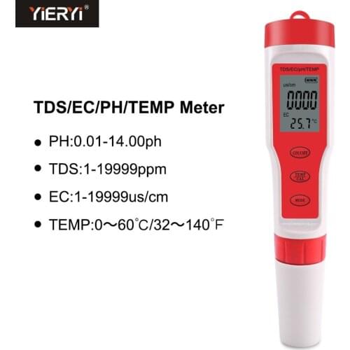 Yieryi 4 in 1 PH/TDS/EC/Temperature Meter PH Tester Digital Water Quality Monitor Tester for Pools, Drinking Water, Aquariums
