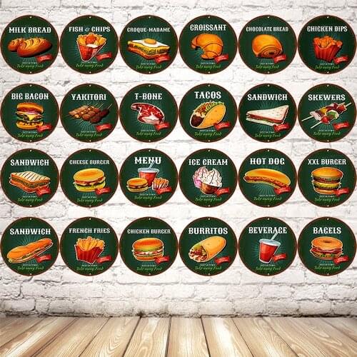 [ Kelly66 ] Food Burger Beverage Sandwich Tagos Dounts Kebab Vintage Irregular Wall Art Decor Retro Iron Painting Sign DR-4 30CM