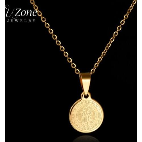 Uzone Classic Catholicism Virgin Mary Stainless Steel Coin Necklace For Women Men Gold Color Religion Necklace Christmas Gift