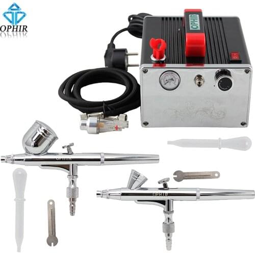 OPHIR 0.2mm 0.3mm Dual Action Airbrush Kit with Air Compressor 110V,220V Airbrush Set for Nail Art Makeup Tanning_AC091+004A+073