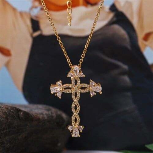 Creative Design Transparent CZ Zircon Copper Metal Cross Necklaces Pendants For Women Gold Color Stainless Steel Chain Necklace