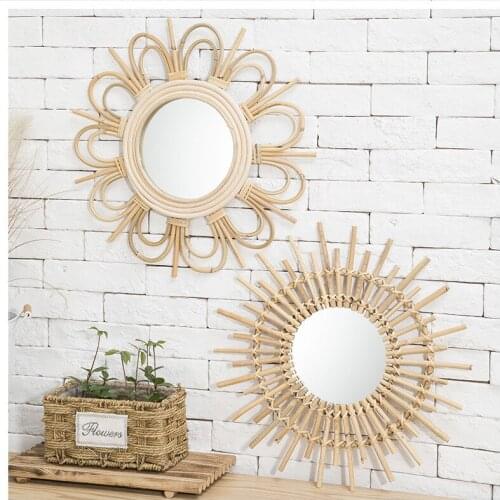 Handmade rattan round makeup mirror innovative art decoration dressing table bathroom wall mirror Nordic crafts wall decoration
