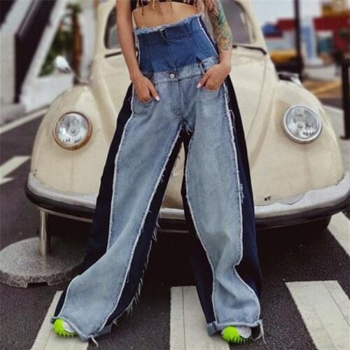 Cool Panelled High Waist Flare Jeans Women Bell-Bottom Loose Denim Long Pants 2020 Color Block Streetwear Heavy Female Trousers