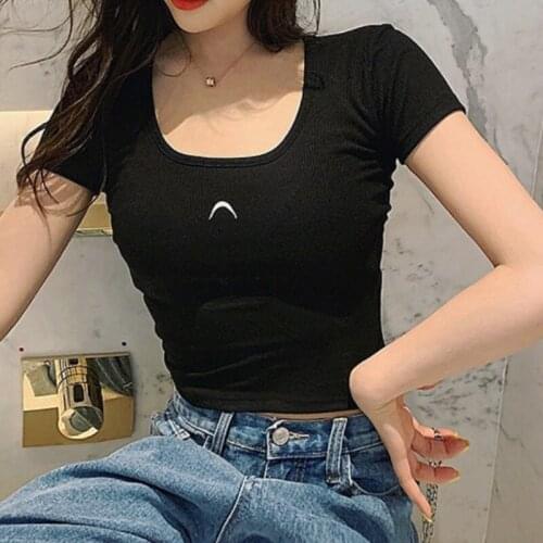 2020 Summer Simple Print Tee Embroider Short Sleeve T-shirt For Women Slim Round Neck Casual Female Tops En