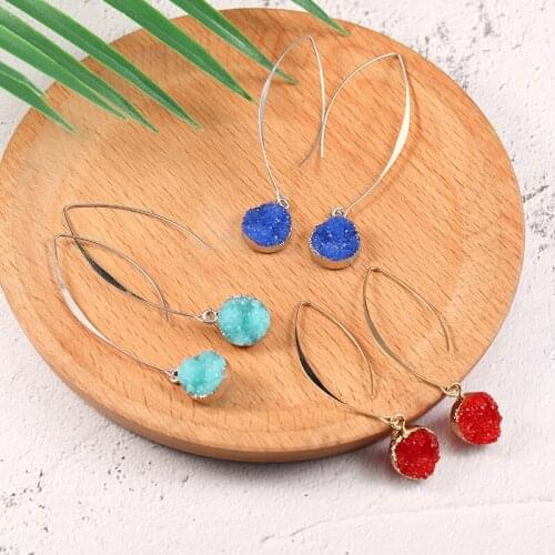 Fashion Gold Color Round Fake Druzy Earring for Women 2020 Bohemian Handmade Pink Resin Stone Long Drop Earrings Design Jewelry