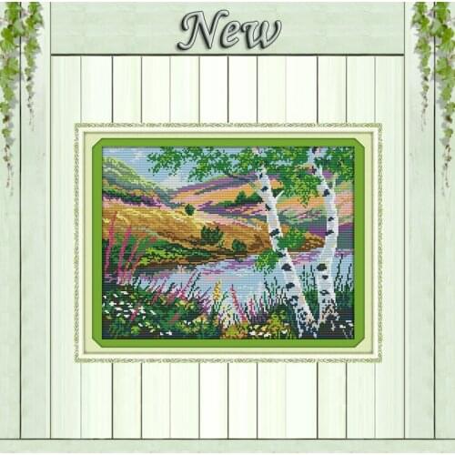 The lakeside poplar tree Painting 11CT Counted printed on Canvas DMC 14CT chinese Cross Stitch diy Embroidery kit Needlework Set