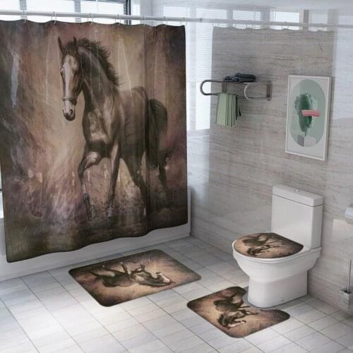 Toilet Rugs Set and Waterproof Print Bathroom Shower Curtain Anti-slip Bath Room Washable Floor Mats Bath Decoration Carpet Set