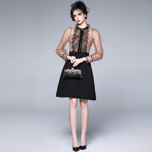 Sexy Dot Print Black Lace Patchwork Bow Stand Collar Short Dress Womens Fashion Designer Office Work Party Midi Dress k6708