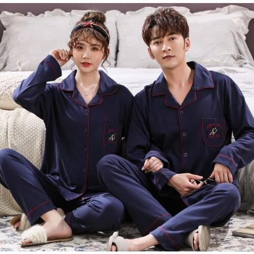 2020 New Style Pajamas Male Pure Cotton Autumn & Winter Cardigan Fold-down Collar Comfortable Cotton Couples Homewear Set
