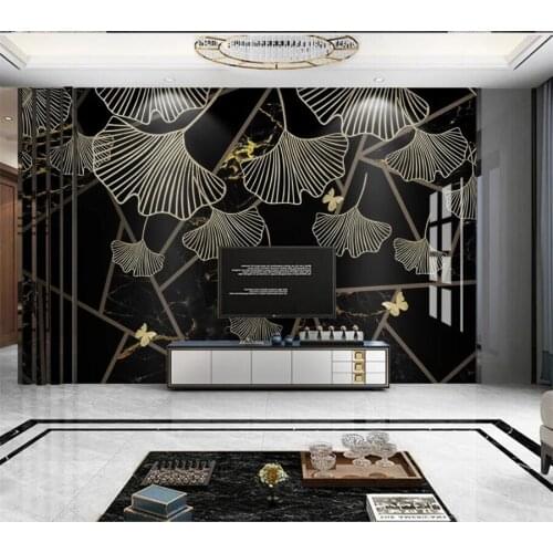 Custom large wall painter with modern light luxury abstract geometric black gold leaf marbled background mural wallpaper