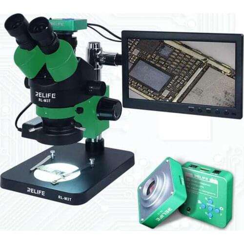 RELIFE RL-M3T-B1 Trinocular Stereo Microscope 7X-45X Zoom Matched With HDMI Camera LED Light for Mobile Repair Microscope