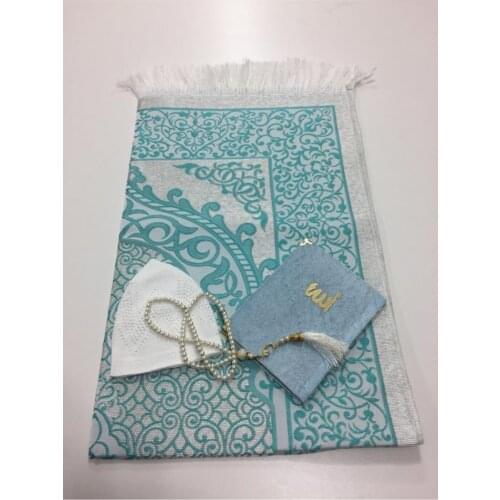 Prayer rug set 4 pieces green muslim set arabic Islam Mevlut Umrah gift Sijadat skullcap prayer rug Yasin i Sharif