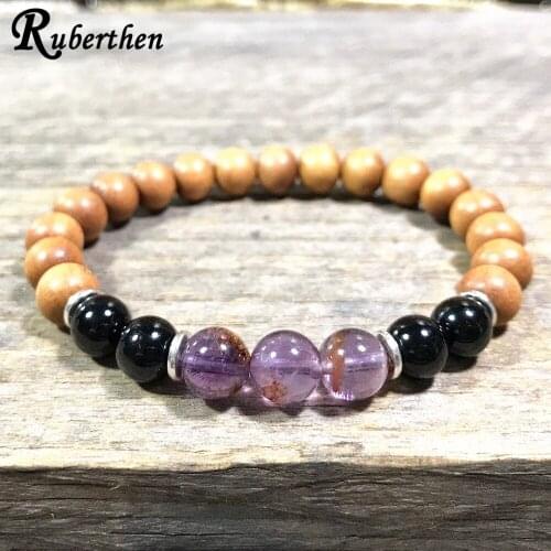 Ruberthen Women`s Purple Crystal Bracelet Black Tourmaline Sandalwood Energy Bracelet Spirituality Meditation Jewelry